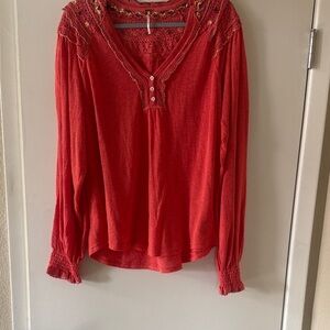 Free People Vibrant Red Lace Detail Blouse